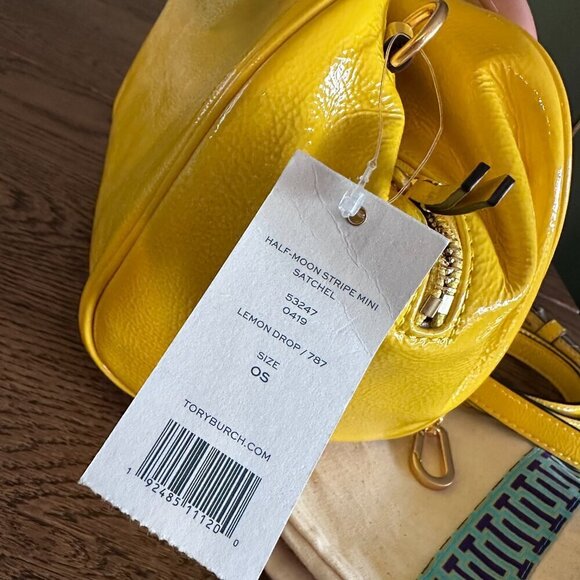 NEW! NWT! Tory Burch Half Moon Strip Mini Satchel Boston  -Yellow Leather Women - Picture 14 of 16